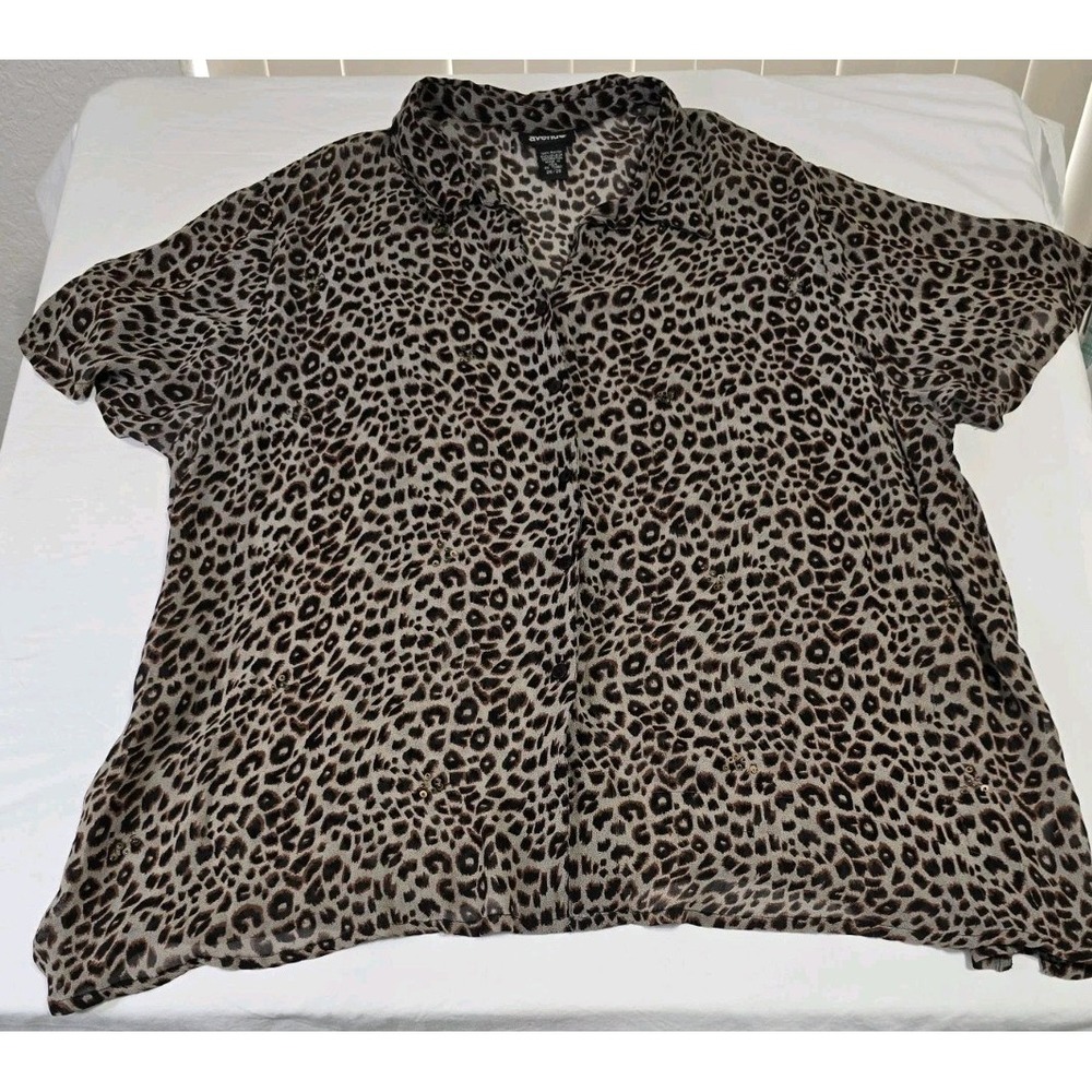 Avenue Women's 26/28 Sheer Blouse Button-Down Brown‎ Leopard Print